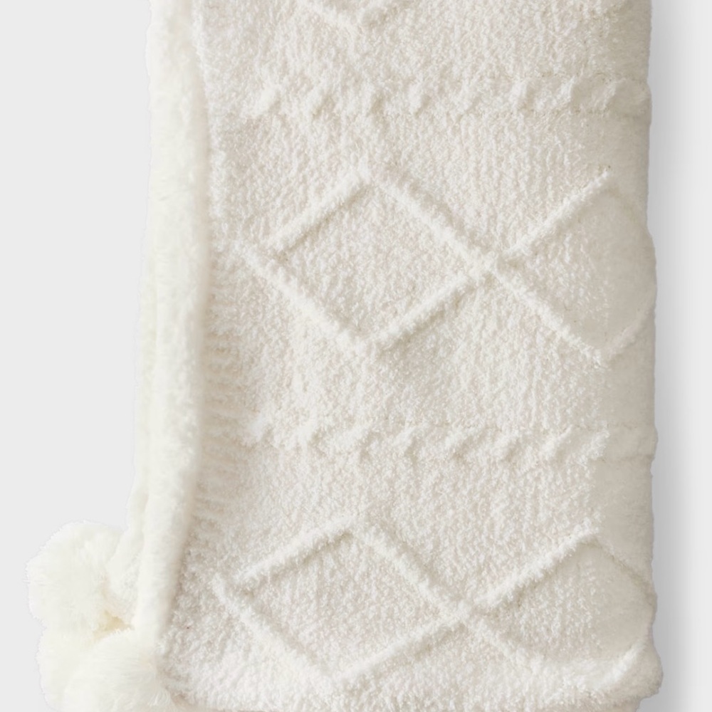 Cozy White Textured Blanket with Pom Poms